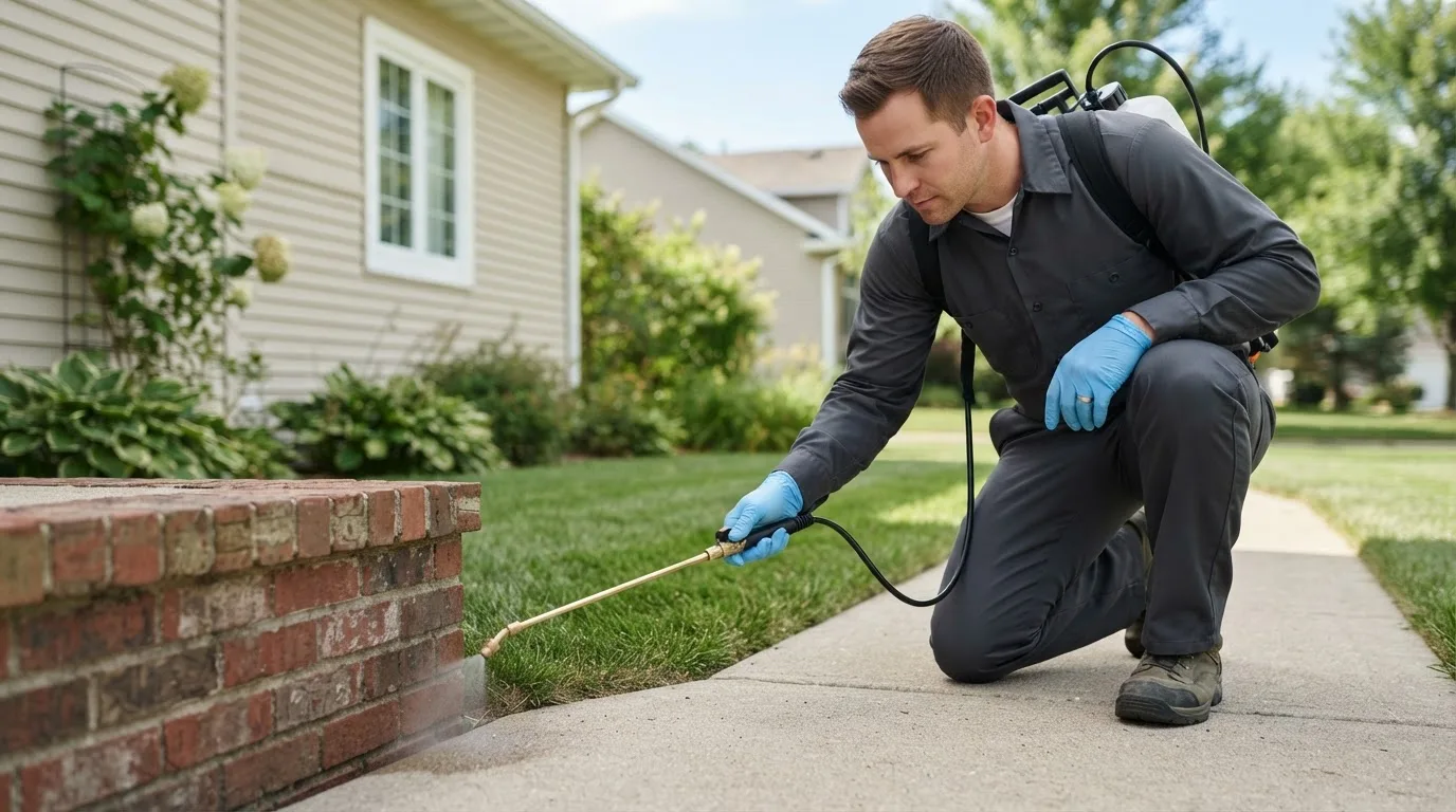 Pest control technician treating a home near Cordova, NE
