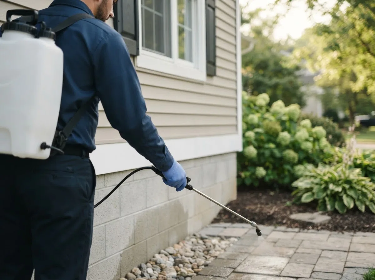 Pest control technician inspecting a home in Cordova, NE
